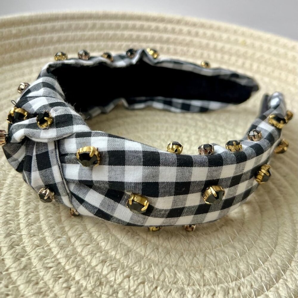 Handmade Gingham Headband, Jeweled Knot Headband, Game Day Headband